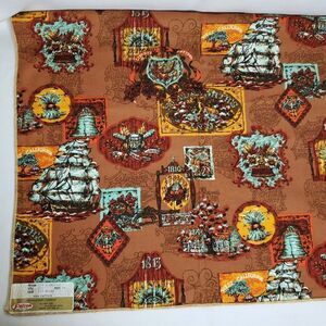 Vtg Colonial Americana Pub Signs Tall Ship Upholstery Fabric Amish Brown Blue